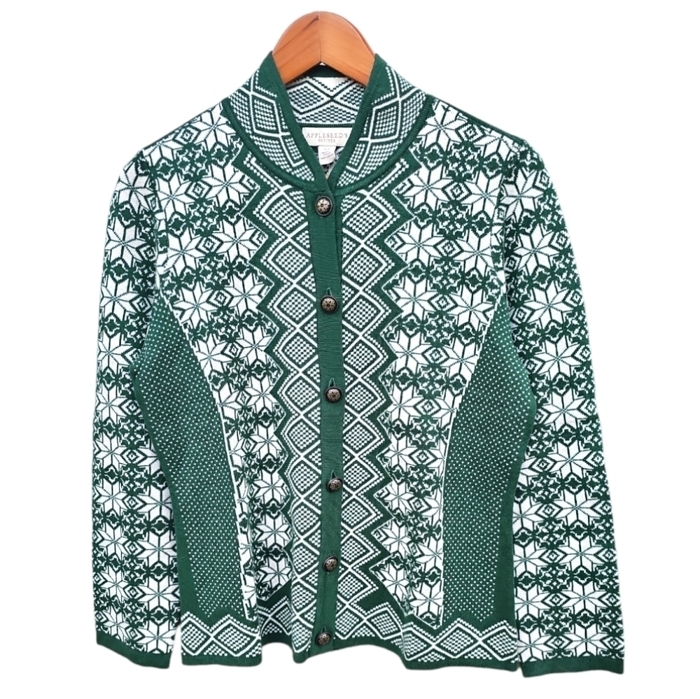 Nordic Snowflake Green White Woolblend Mock Neck Cardigan Sweater Size S…